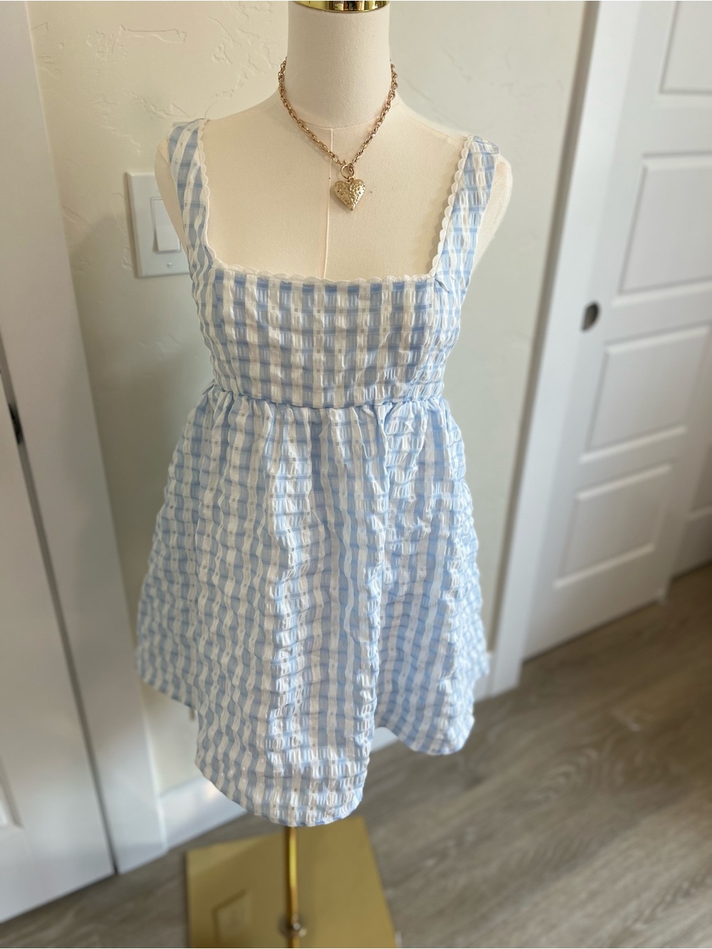 Trixxi Blue and White Dress with Square and Scalloped Neckline- M 🌷